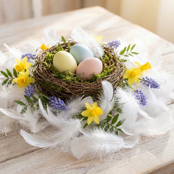 Osternest aus Zweigen mit drei Ostereiern, umgeben von Narzissen, Traubenhyazinthen und weißen Federn auf einem Holztisch.