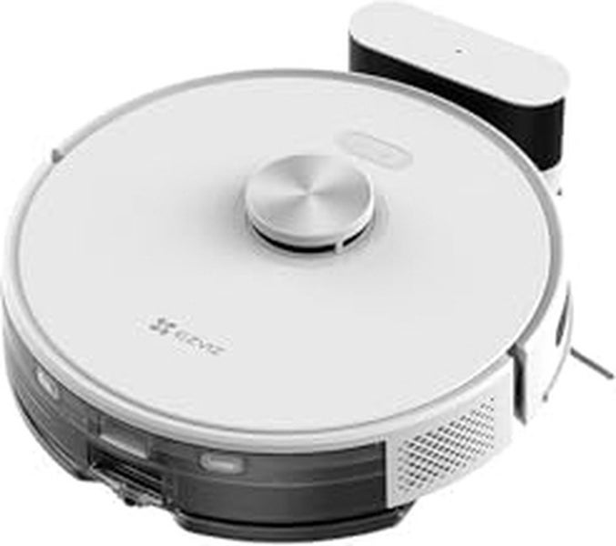 Weißer EZVIZ Saugroboter mit Ladestation, runde Form, Lasernavigation und Staubbehälter.