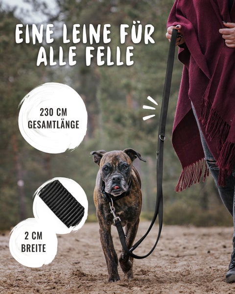 Eine 230 cm lange und 2 cm breite Hundeleine wird von einer Person gehalten, während ein Hund darauf läuft.