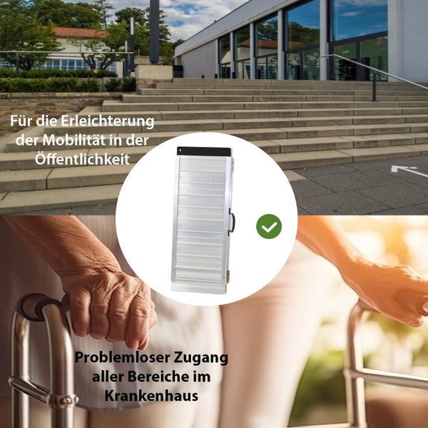 Demonstration einer Aluminium Rollstuhlrampe zur Erleichterung des Zugangs zu öffentlichen Gebäuden und Krankenhäusern.