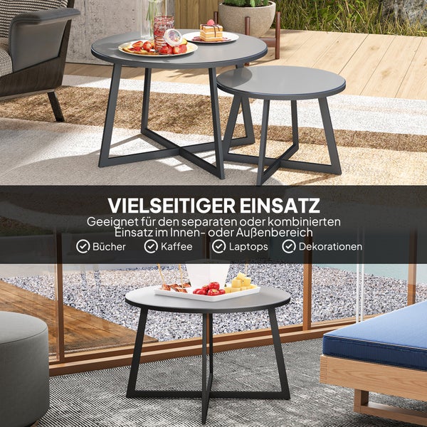 Outsunny 2er Set Beistelltisch Stapelbar Gartentisch Rund wetterfest Balkontisch mit X-Beine Glasplatte Stahl Campingtisch Kaffeetisch für Wohnzimmer Büro Outdoor Indoor Schwarz+Grau