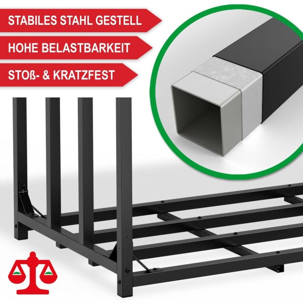 Stabiles Kaminholzregal aus Stahl mit hoher Belastbarkeit sowie stoßfester und kratzfester Oberfläche. Detailansicht des Vierkantrohrs.