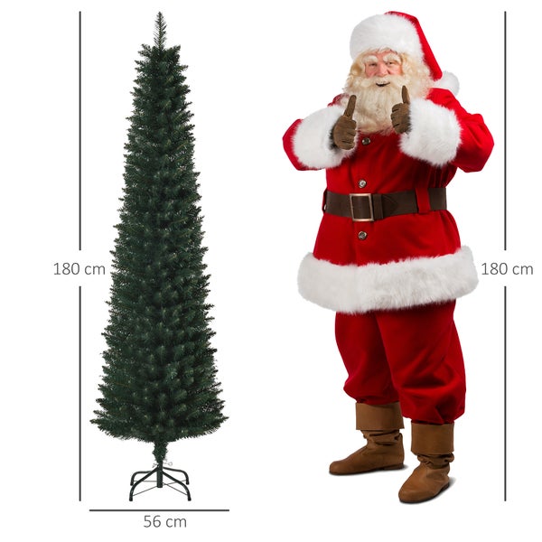 Schlanker künstlicher Weihnachtsbaum, 180 Zentimeter hoch, 56 Zentimeter breit, im Größenvergleich mit einer gleich großen Weihnachtsmannfigur.
