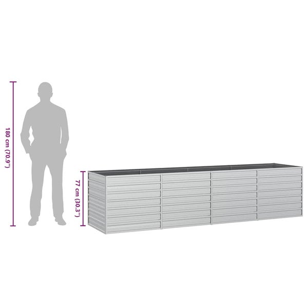 Rechteckiges Hochbeet aus verzinktem Stahl mit Wellenprofil, Höhe 77 Zentimeter, Größenvergleich mit einer 180 Zentimeter großen Person.