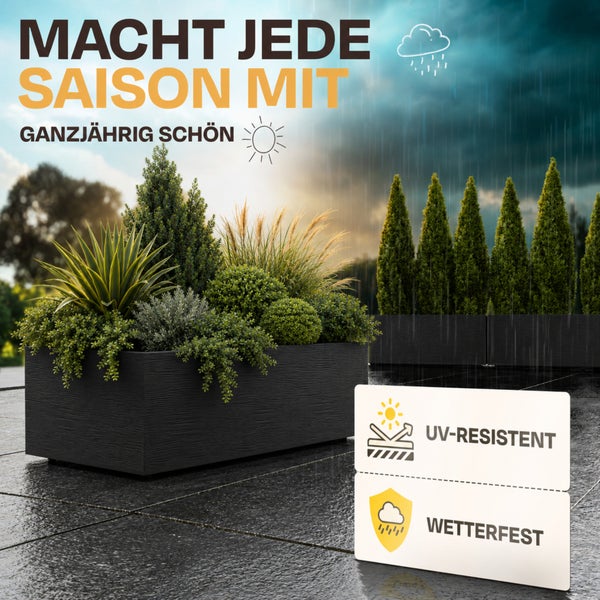 Schwarze Pflanzkübel mit Pflanzen auf einer Terrasse bei Sonne und Regen. Beständig gegen ultraviolette Strahlung und Witterung.