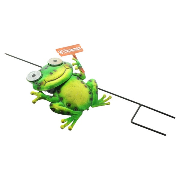 Solar-Gartenstecker aus Metall als grüner Frosch mit Willkommen-Schild und LED-Augen.