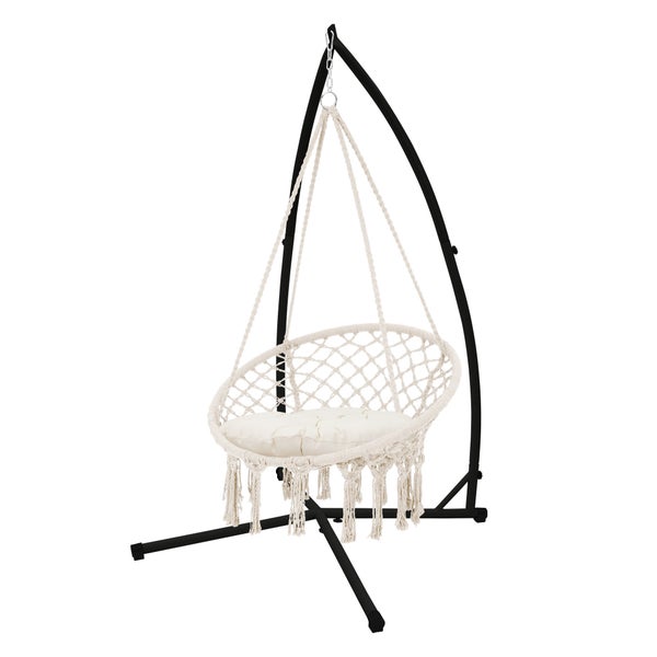 ECD Germany Hängesessel Beige mit Gestell Schwarz 208 cm, Hängestuhl mit Makramee, Geflochten Fransen Hängeschaukel Baumwolle Ø80cm, Freistehendes Metall Hängesesselgestell Hängestuhlgestell Hängesitz