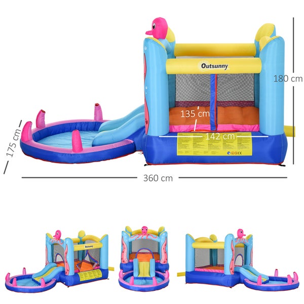 Outsunny Aufblasbare Hüpfburg mit Rutsche Springburg Spielburg Wasserpark für Kinder Trampolin aufblasbar Wasserrutsche Pool für 3-8 Jahre Oktopus-Muster Oxfordstoff 360 x 175 x 180 cm
