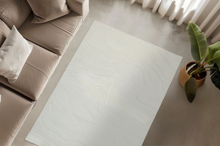 Rechteckiger Teppich mit dezentem Wellenmuster in einem modern eingerichteten Wohnzimmer mit Sofa und Zimmerpflanze.
