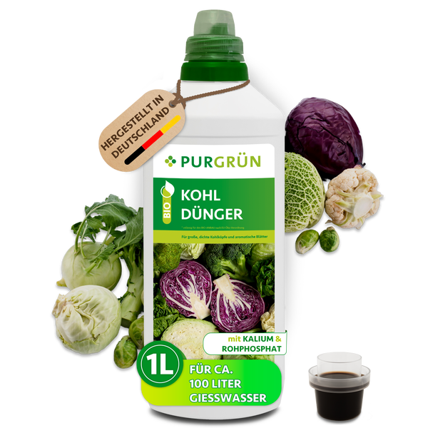 Purgrün Bio Kohl Dünger, 1 Liter Flasche, organisches Flüssigdüngemittel für Kohlgemüse, hergestellt in Deutschland, für circa 100 Liter Gießwasser.