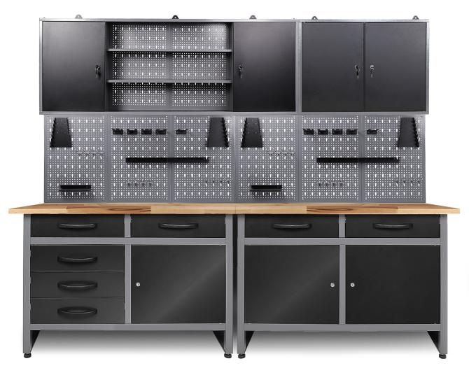 Komplette Werkbank mit Hängeschränken, Werkzeugwand und Unterschränken