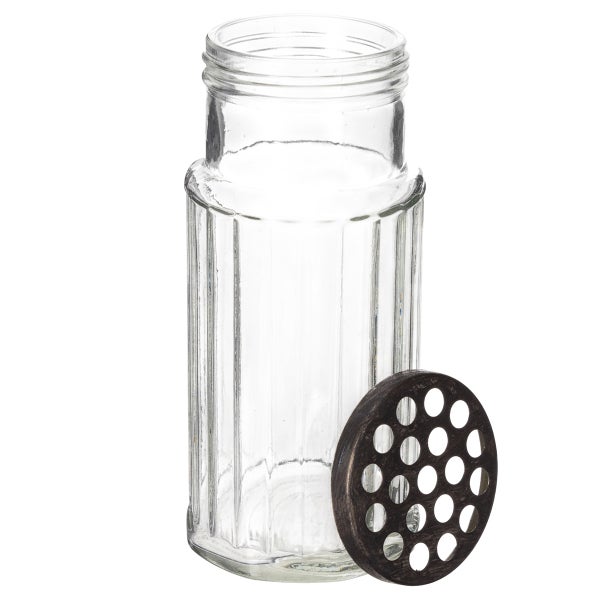 Glasvase mit geriffeltem Glas und Metalldeckel mit Löchern für Blumenarrangements.