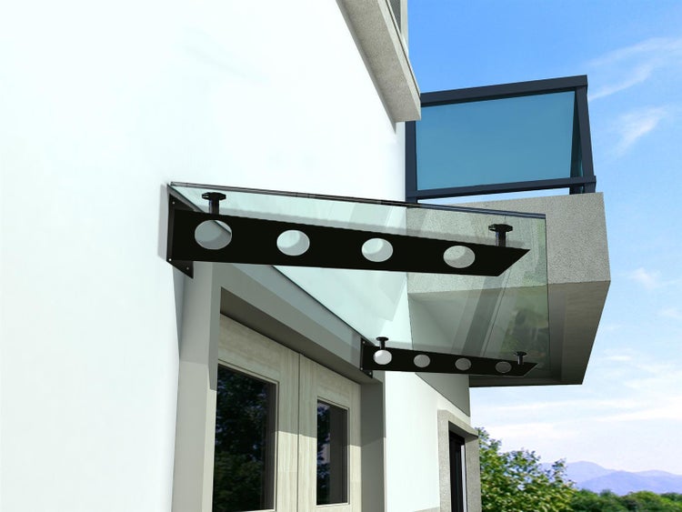 BuyLando (S) 160x90 cm Klarglas Glasvordach inkl. Edelstahlhalter in Schwarz