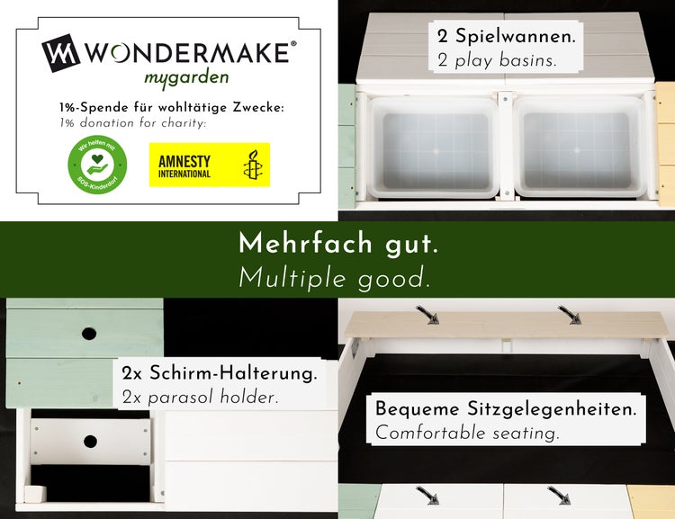 WONDERMAKE® Design Sandkasten mit Matschküche, Abdeckung OXFORD 420D, Vliesfolie, Sandkiste Holz quadratisch verschließbar Outdoor Garten für Kinder, weiß bunt