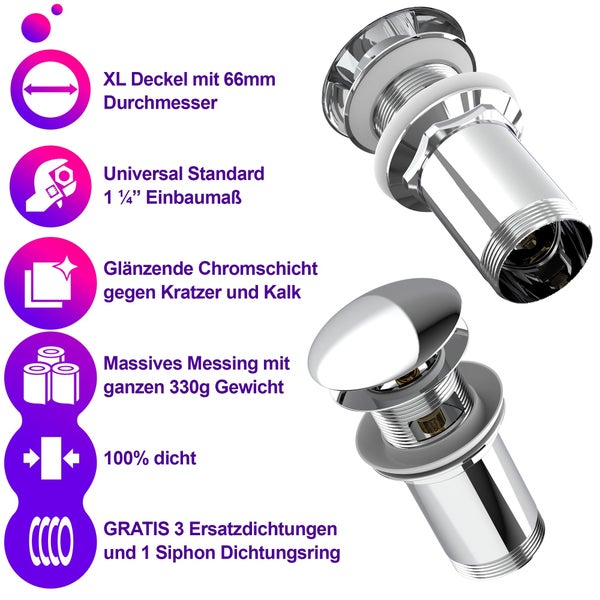 M. ROSENFELD HOME Pop Up Ventileinsätze mit Überlauf für Waschtisch - Waschbecken Ablaufgarnitur - Chrom Ablaufventil mit 4 Ersatzdichtungen aus Messing für Waschbecken Abflussgarnitur