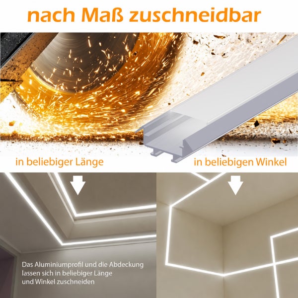 Aluminiumprofil fuer LED Streifen das individuell auf Laenge und Winkel zuschneidbar ist fuer flexible Beleuchtungslösungen an Wand und Decke.