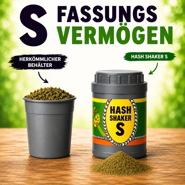 Vergleich des Fassungsvermögens von einem herkömmlichen Behälter und dem Hash Shaker Größe S mit Pflanzenmaterial auf einem Holztisch.