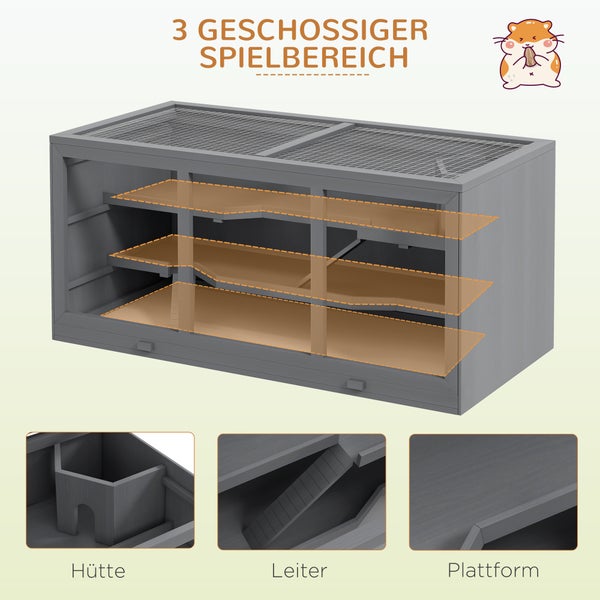 PawHut Zwerghamsterkäfig Nagerkäfig Kleintierstall aus Holz Mäusekäfig mit Treppen Kleintierkäfig Nagervilla Dreistöckig Grau 115 x 57 x 55 cm