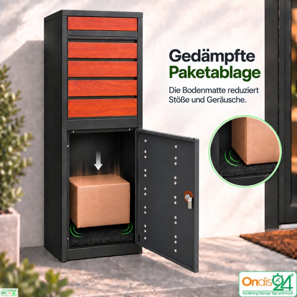 Paketkasten mit gedämpfter Bodenmatte zur Stoßdämpfung und Geräuschreduzierung bei Paketeinwurf, von Ondis24.
