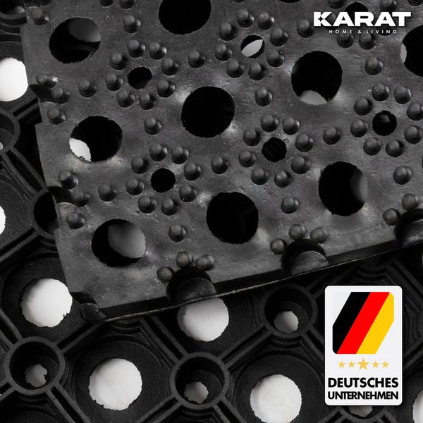 Gummiringmatte mit Drainagelöchern und Anti-Rutsch-Noppen. KARAT HOME & LIVING Logo. Siegel Deutsches Unternehmen.