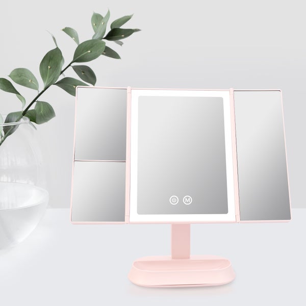 EMKE Kosmetikspiegel mit LED Beleuchtung 315 x 180 x 233 mm, Dimmbar, Touch-Schalter, 5x/7x Vergrößerung, Dreifach Faltbar & Drehbar, Tragbarer, USB/Batterie, Rosa