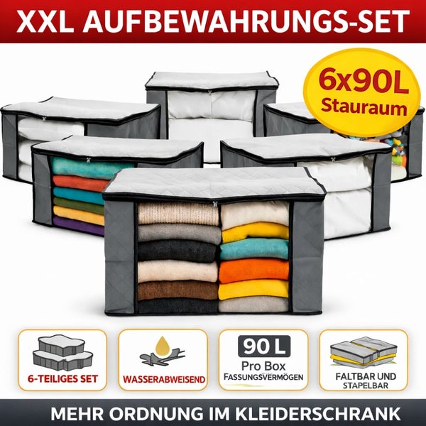 Set aus 6 XXL Aufbewahrungsboxen mit jeweils 90 Liter Volumen, faltbar, stapelbar und wasserabweisend zur Kleideraufbewahrung im Schrank.