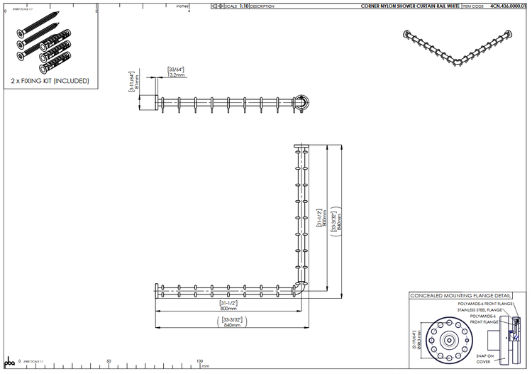 Technische Zeichnung einer L-förmigen Eck-Duschvorhangstange aus Nylon mit den Maßen 800 mal 800 Millimeter inklusive Befestigungsset.