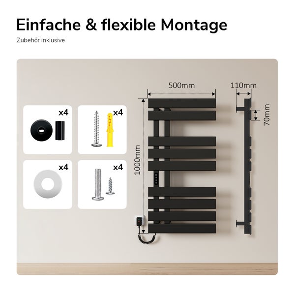 Schwarzer Handtuchheizkörper, Maße 1000 mal 500 Millimeter, inklusive Montagematerial wie Schrauben, Dübel und Halterungen.