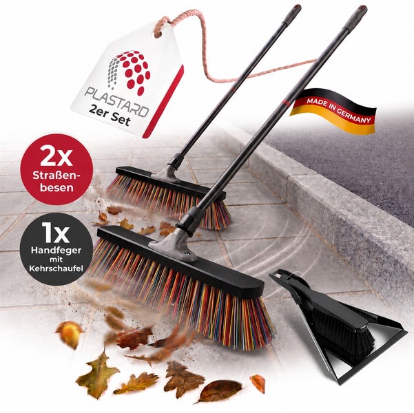 Set bestehend aus zwei Straßenbesen mit Stiel und einem Handfeger mit Kehrschaufel zur Bodenreinigung, Hergestellt in Deutschland.