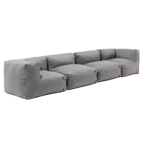 Modulares Gartensofa in Grau aus strapazierfähigem Stoff mit Schnallenverbindungen.