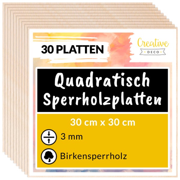 30 quadratische Sperrholzplatten aus Birke, 30 Zentimeter mal 30 Zentimeter, 3 Millimeter Stärke, Creative Deco Logo.