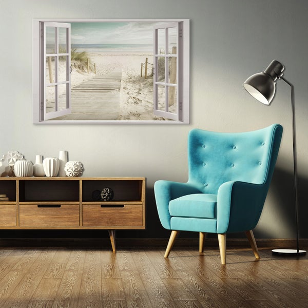Bilder Fenster Strand Meer Leinwandbild Wohnzimmer 120X80 cm