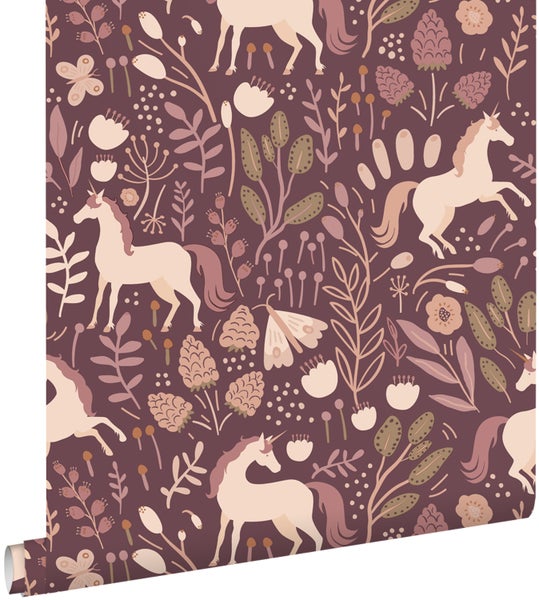 Tapete mit Einhorn-, Blumen- und Pflanzenmuster