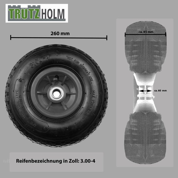 Trutzholm Luftrad mit Kunststofffelge, 260 Millimeter Durchmesser, Reifenbezeichnung 3.00-4 für Sackkarren oder Bollerwagen.