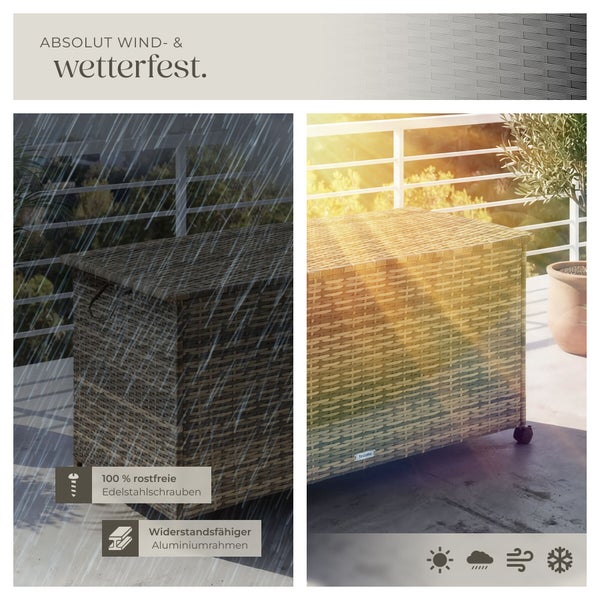 Wetterfeste Kissenbox aus Polyrattan bei Regen und Sonne, mit rostfreien Edelstahlschrauben und robustem Aluminiumrahmen.