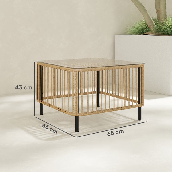 Outsunny Polyrattan Gartentisch, 65 x 65 x 43 cm, wetterfest Beistelltisch quadrarischer Terrassentisch mit Glasplatte Couchtisch Balkontisch Gartenmöbel für Garten, Terrasse, Balkon Naturholz
