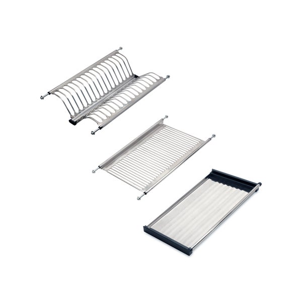 Dreiteiliges Abtropfgestell-Set aus Edelstahl und Kunststoff für Küchenschränke mit Tellerhalter, Tassenablage und Auffangschale.