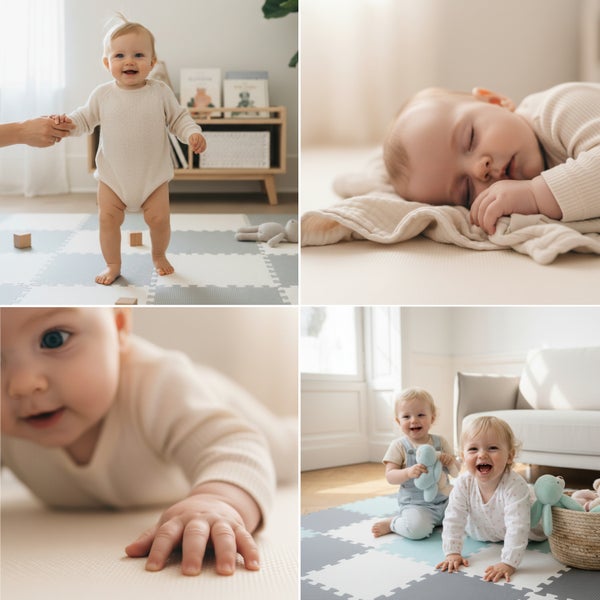Collage von Babys beim Spielen, Krabbeln und Schlafen auf einer strukturierten Schaumstoff-Puzzle-Spielmatte in einem hellen Raum.