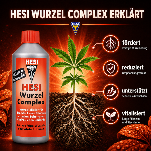 Hesi Wurzel Complex Pflanzendünger in der Flasche mit grafischer Erklärung der Vorteile für Wurzelwachstum und Vitalität der Pflanzen.