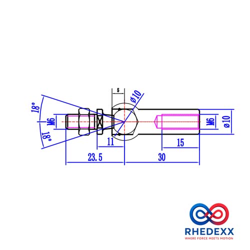 Technische Zeichnung eines Winkelgelenks mit M6 Gewinde, 18 Grad Neigung und verschiedenen Maßangaben. RHEDEXX Logo.
