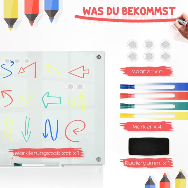 Glas-Magnettafel-Set mit Schreibtafel aus Glas, sechs Magneten, vier Markern, einem Radiergummi und einer Ablageschale.