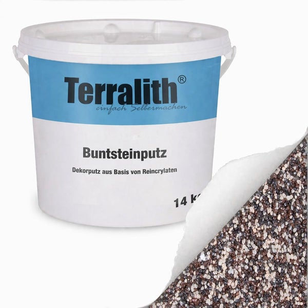 Terralith Buntsteinputz im 14 Kilogramm Eimer, Dekorputz auf Reinacrylatbasis mit Musterabbildung.