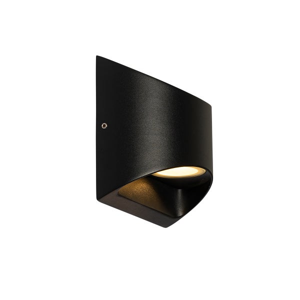 Moderne schwarze Außenwandleuchte aus Metall mit nach unten gerichtetem Lichtaustritt.