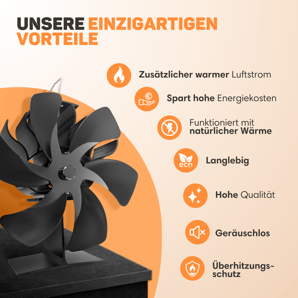 Vulpes Goods Kaminventilator - Leiser Kamin Ventilator -  Ofenventilator ohne strom mit Thermometer - 6 Blätter - Schwarz