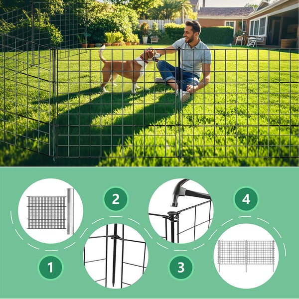 Drahtzaun für den Garten mit Mann und Hund, plus Montageanleitung