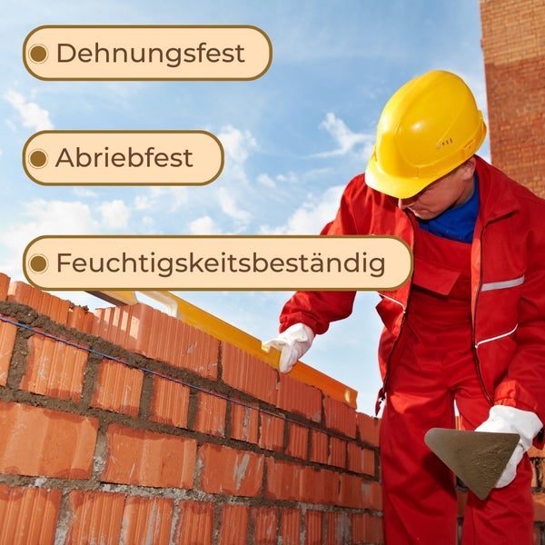 Ein Maurer mit Schutzkleidung bei der Arbeit mit Mörtel und Ziegelsteinen, umgeben von Hinweisen auf Dehnungsfestigkeit, Abriebfestigkeit und Feuchtigkeitsbeständigkeit.