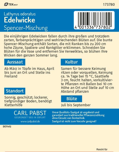 Rückseite der Samentüte für Edelwicke Spencer-Mischung von Carl Pabst mit Informationen zu Aussaat, Kultur, Standort und Blütezeit.