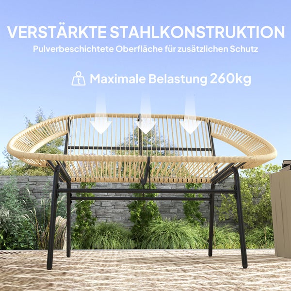 Outsunny 2-Sitzer Gartenbank Polyrattan, wetterfest Sitzbank im Rattanflecht-Design, UV-Beständig Gartenmöbel mit Rückenlehnen, Parkbank 260kg belastbar, für Balkon Terrasse, Garten 126x72x83cm, Khaki