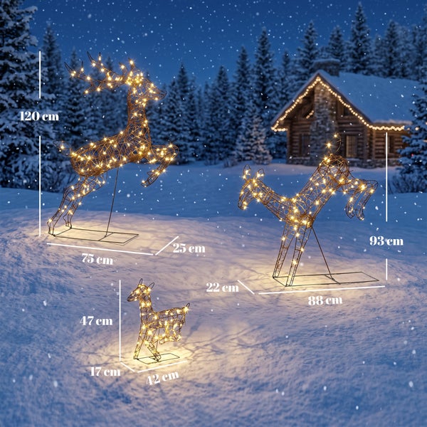 Set aus drei beleuchteten Rentierfiguren aus Drahtgeflecht für den Außenbereich, inklusive Maßen für die weihnachtliche Gartendekoration.