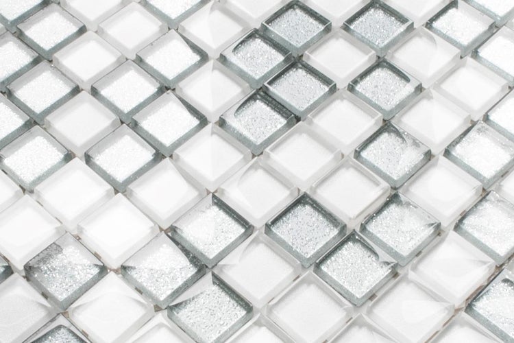 Glasmosaik auf Netz für Bad und Küche 30cm x 30cm  - Silver White